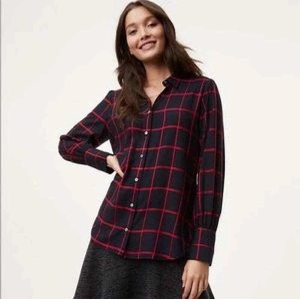 LOFT Windowpane in Black & Red Button Down Tunic Top Size 12P (Petite)